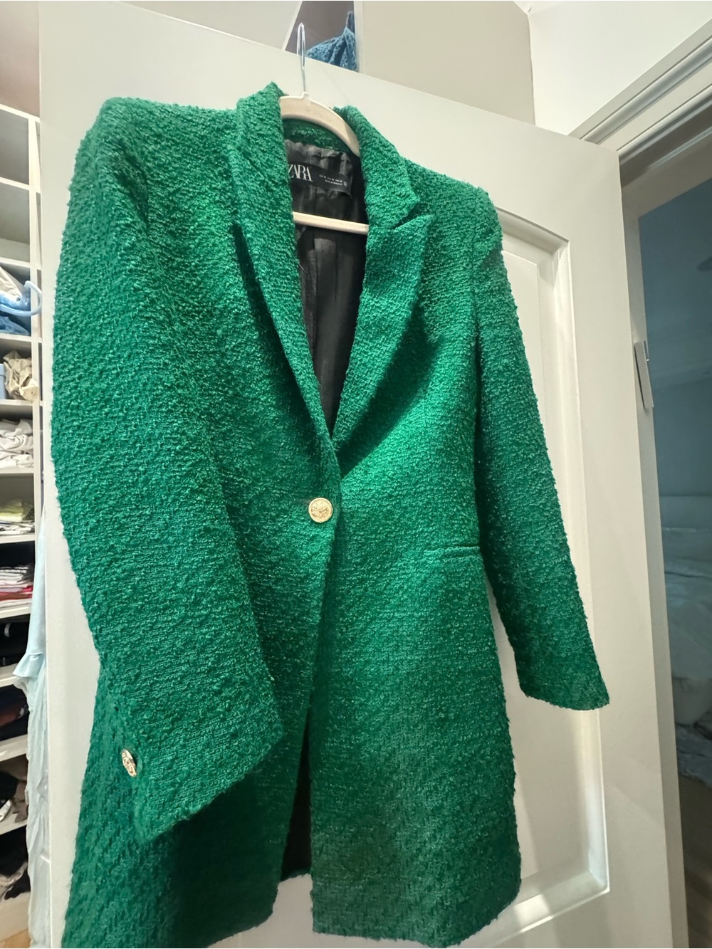 ZARA Emerald Green Textured Bouclé Blazer Jacket with Gold Buttons size XS